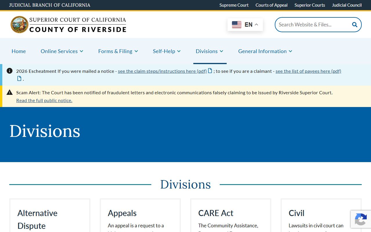 Riverside County Court Superior Court divisions index