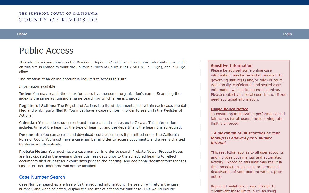 Riverside County court dockets Public Portal landing page with portal links and account requirement