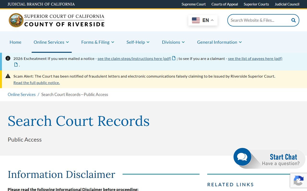 Riverside County Court records public-access search page