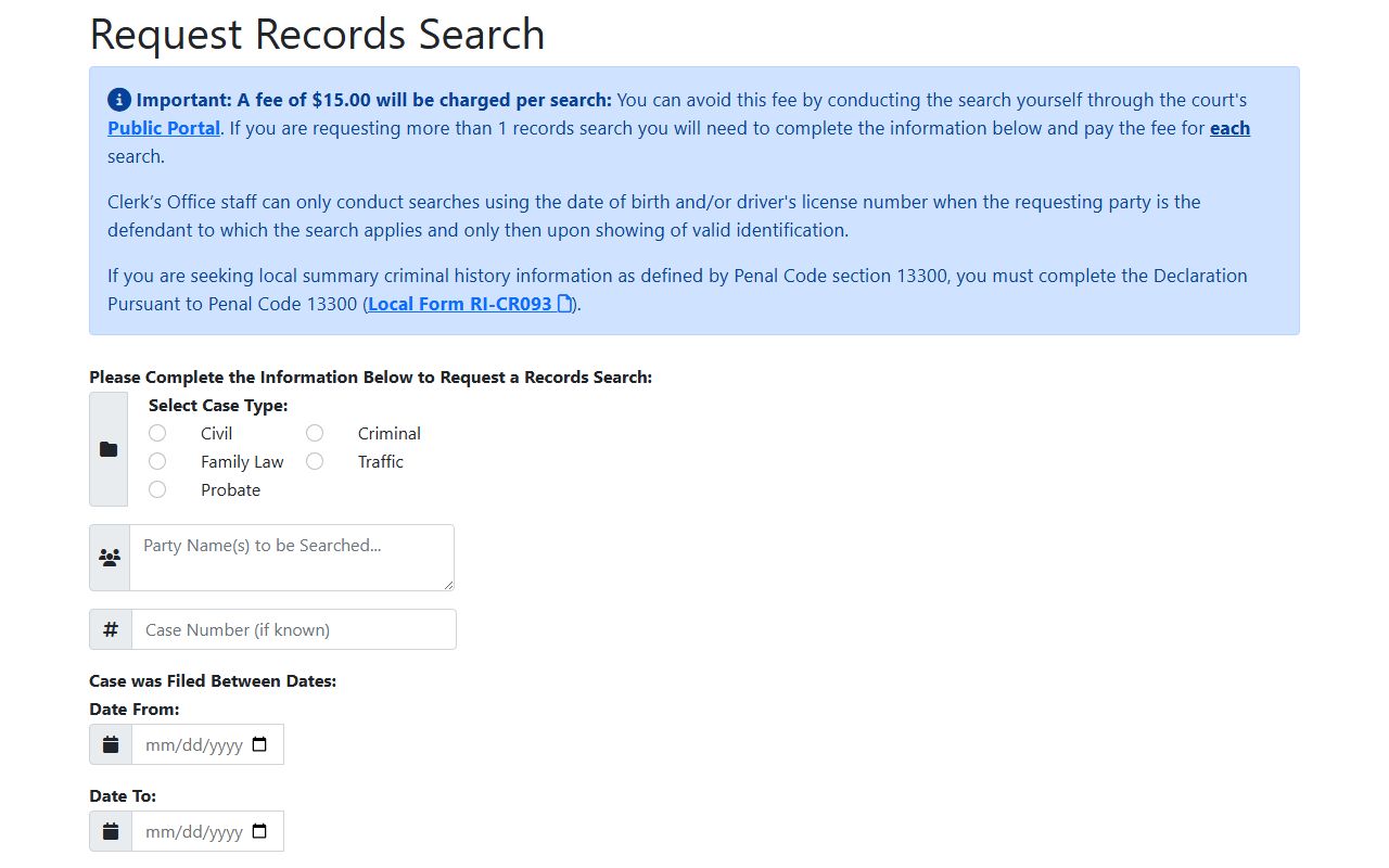 Riverside County Court Request Records Search form