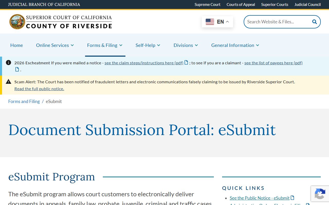 Riverside County eSubmit portal information for probate, family law, and other electronic document delivery