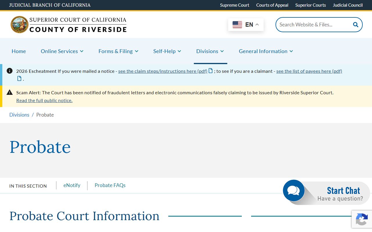 Riverside County Probate Division page with court locations, probate notes, and local rule links