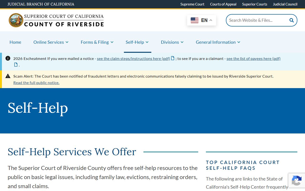 Riverside County Superior Court self-help page covering family law, evictions, small claims, and probate