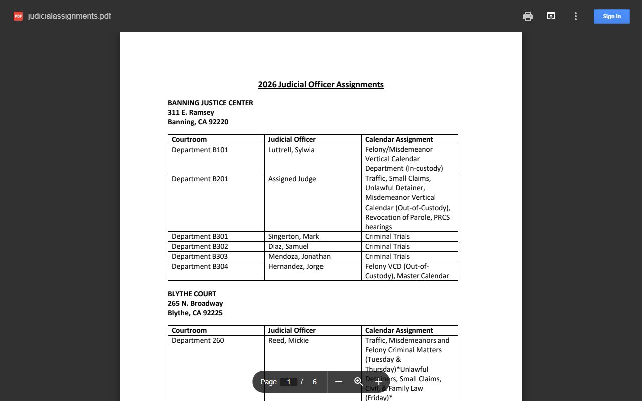 Riverside County court dockets judicial assignments PDF listing departments and judicial officers