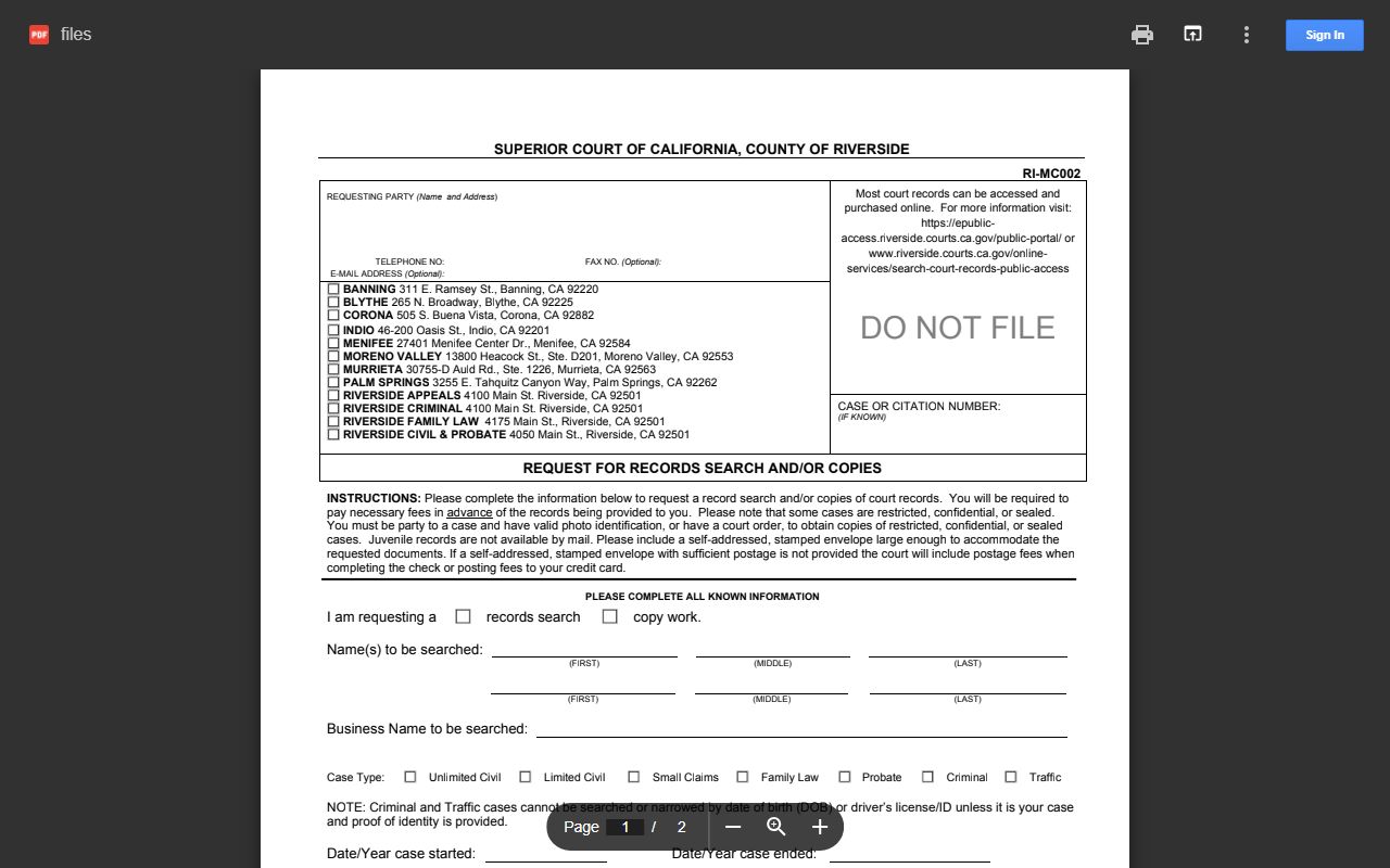Riverside County court records request form RI-MC002 for in-person and mail orders