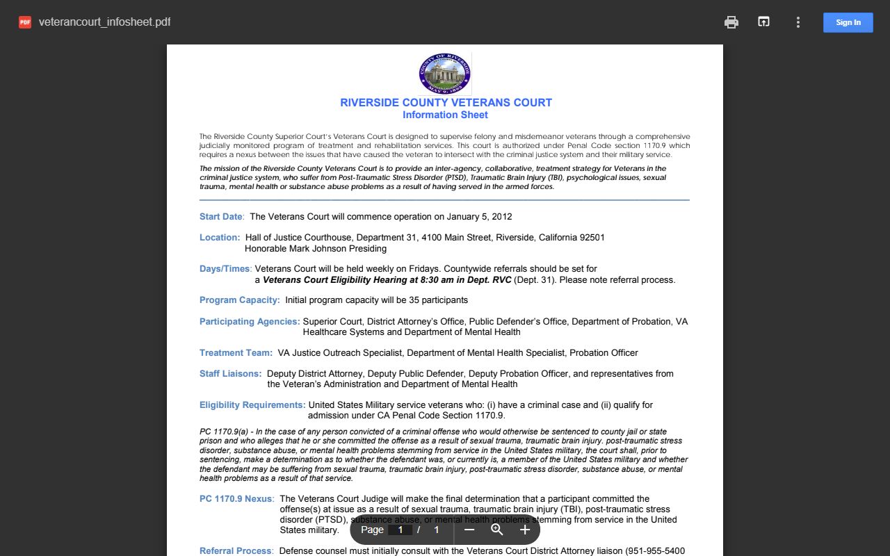 Riverside County Veterans Court info sheet for traffic-related misdemeanor cases