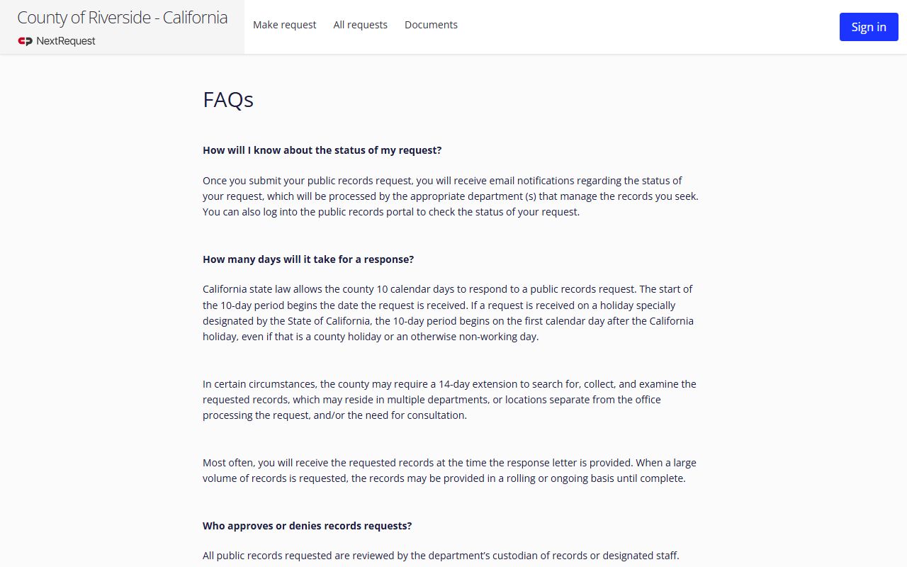 Riverside County NextRequest public records portal FAQs for records access