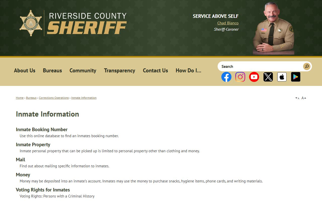 Riverside County inmate information landing page from the Sheriff's Office