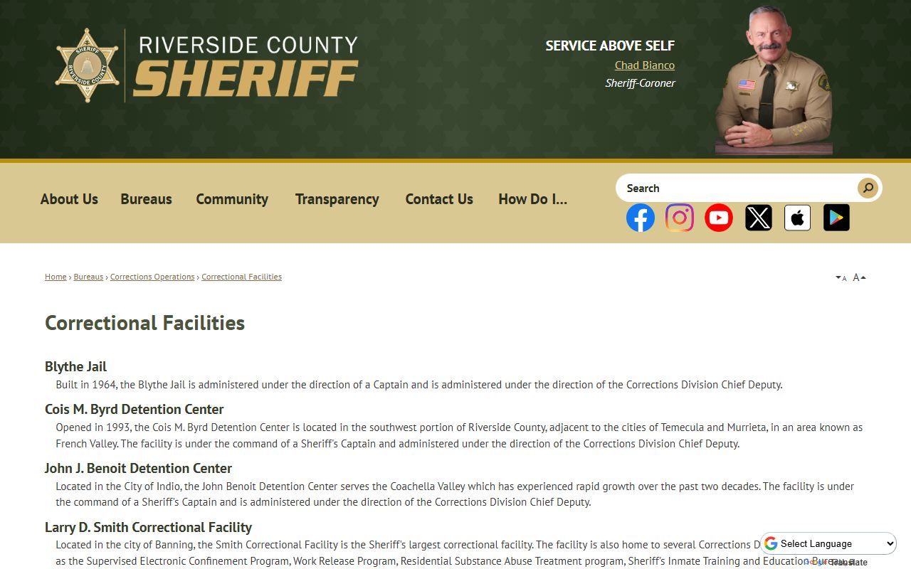 Riverside County correctional facilities summary page