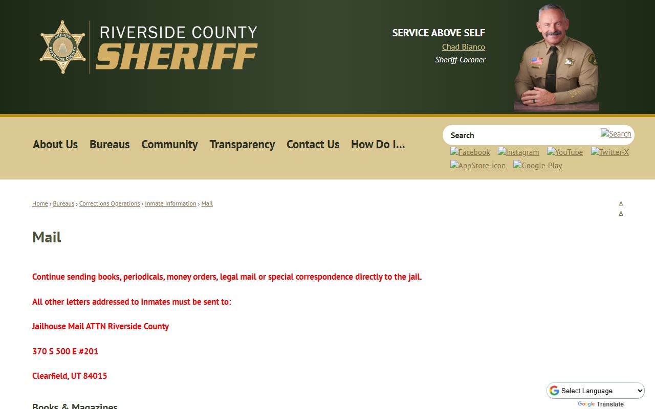 Riverside County Sheriff inmate mail page