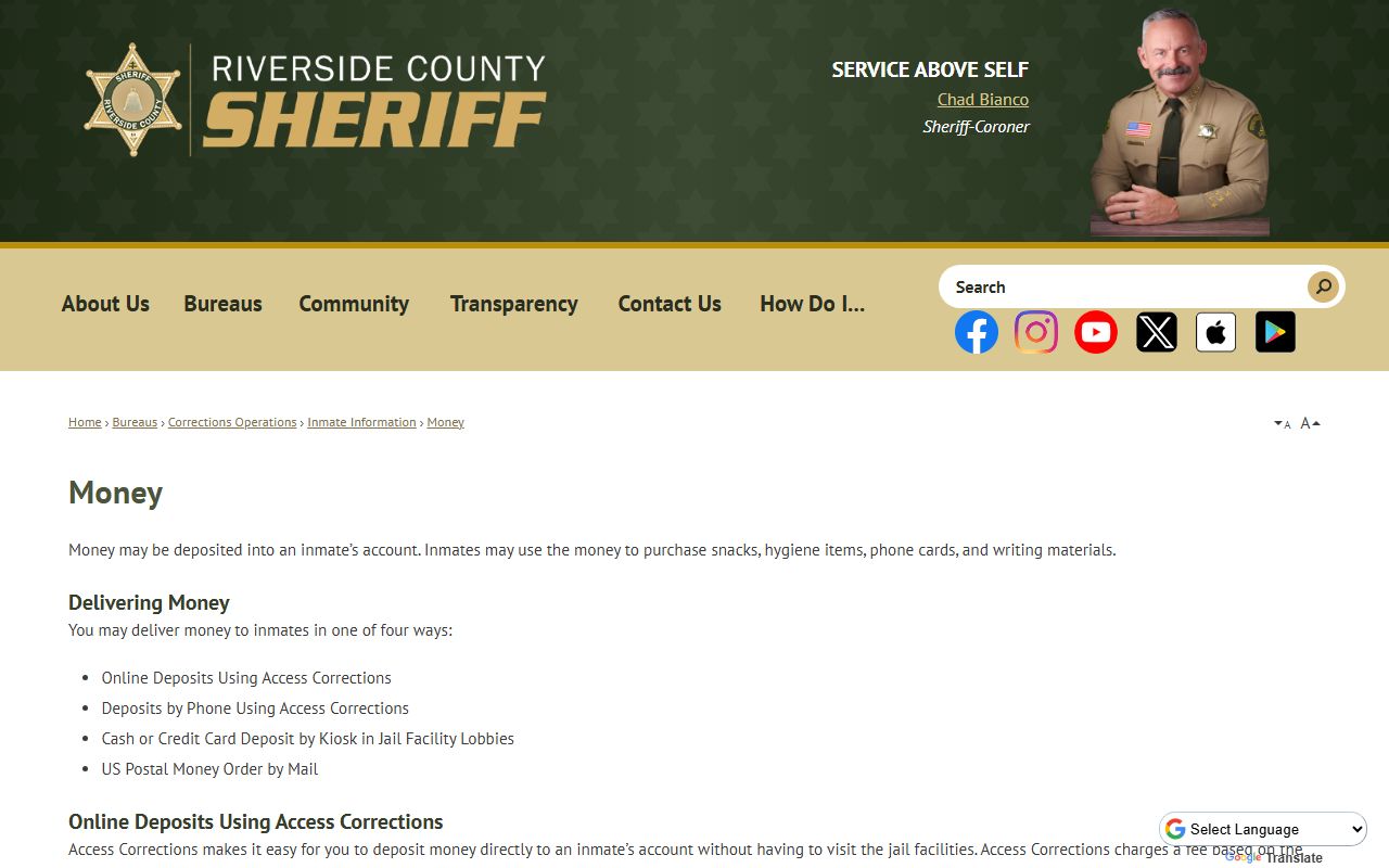 Riverside County Sheriff inmate money and Access Corrections page
