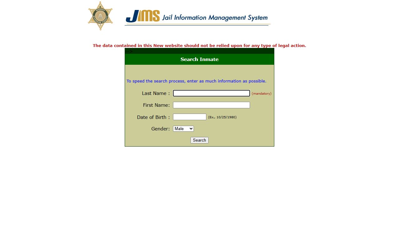 Riverside County JIMS inmate information search form