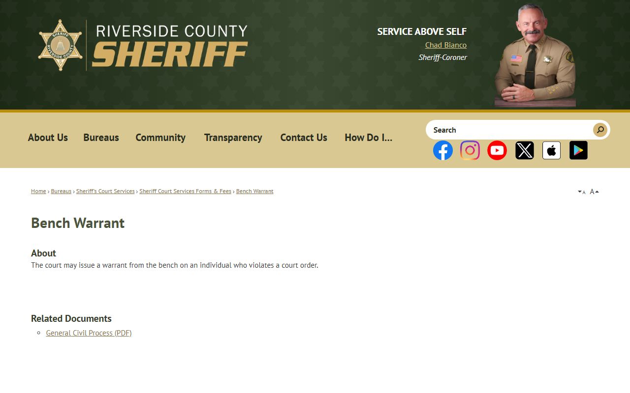 Riverside County Sheriff bench warrant page for warrant search guidance