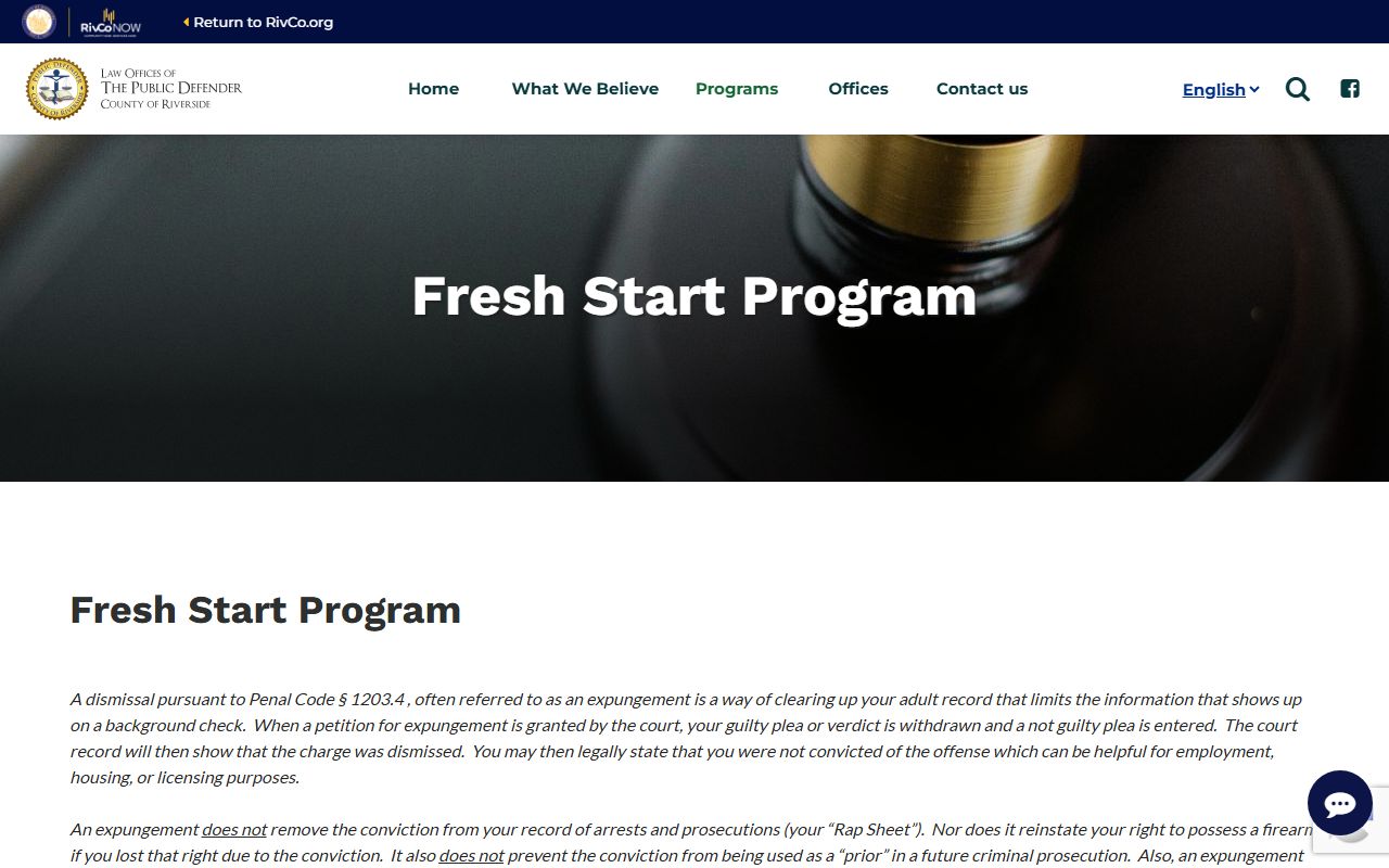 Riverside County Public Defender Fresh Start program page for criminal record relief