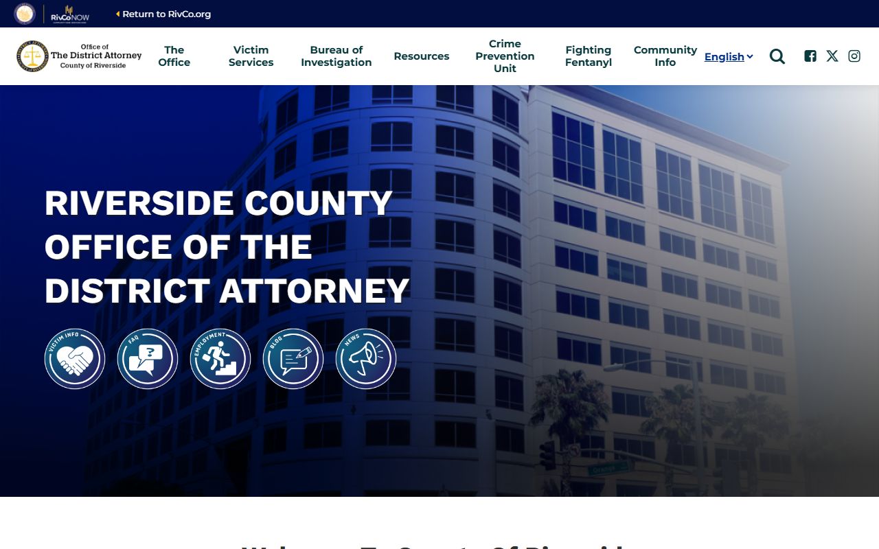 Riverside County District Attorney home page screenshot for criminal records