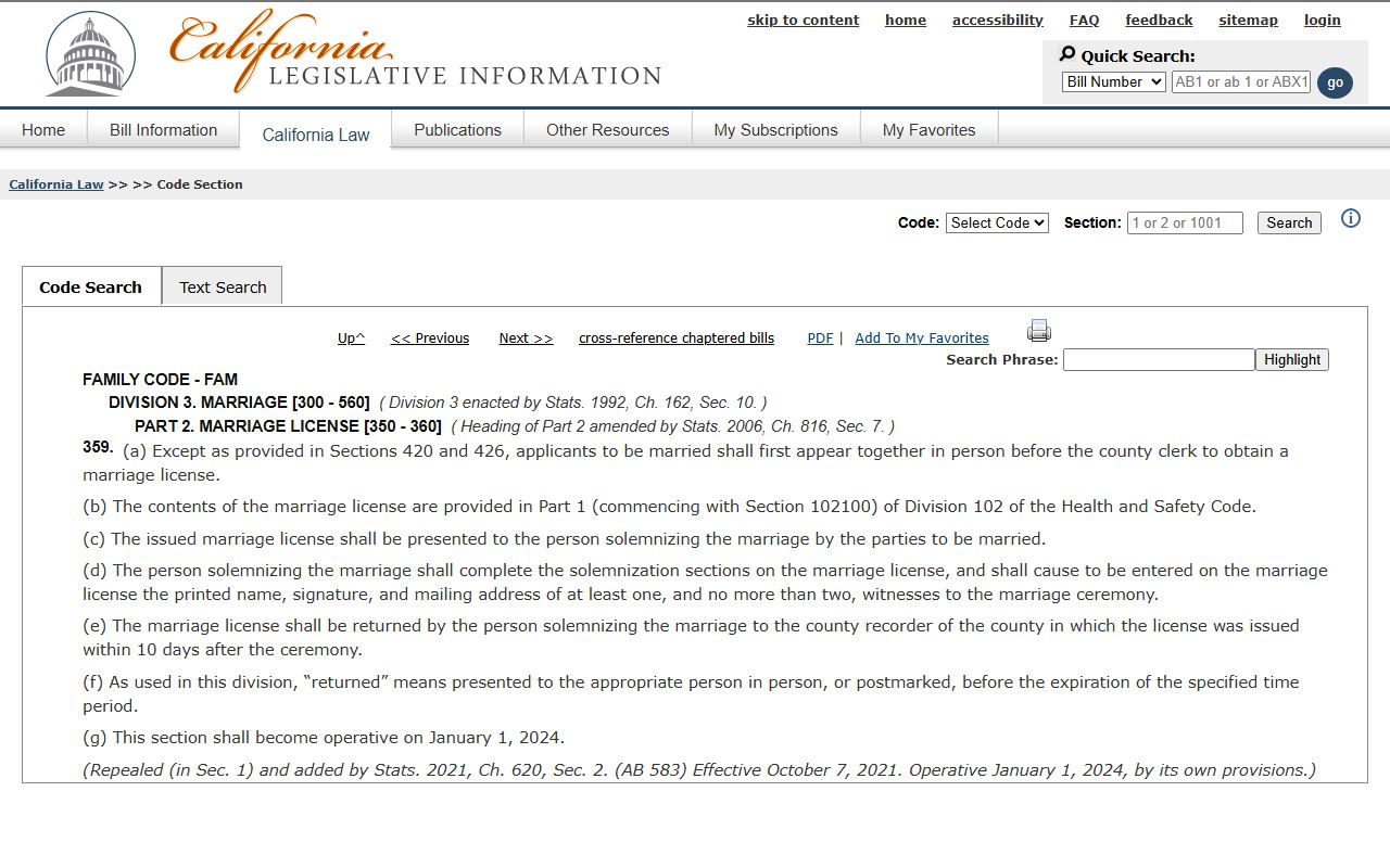 California Family Code section 359 statute page used for Riverside County marriage license applications